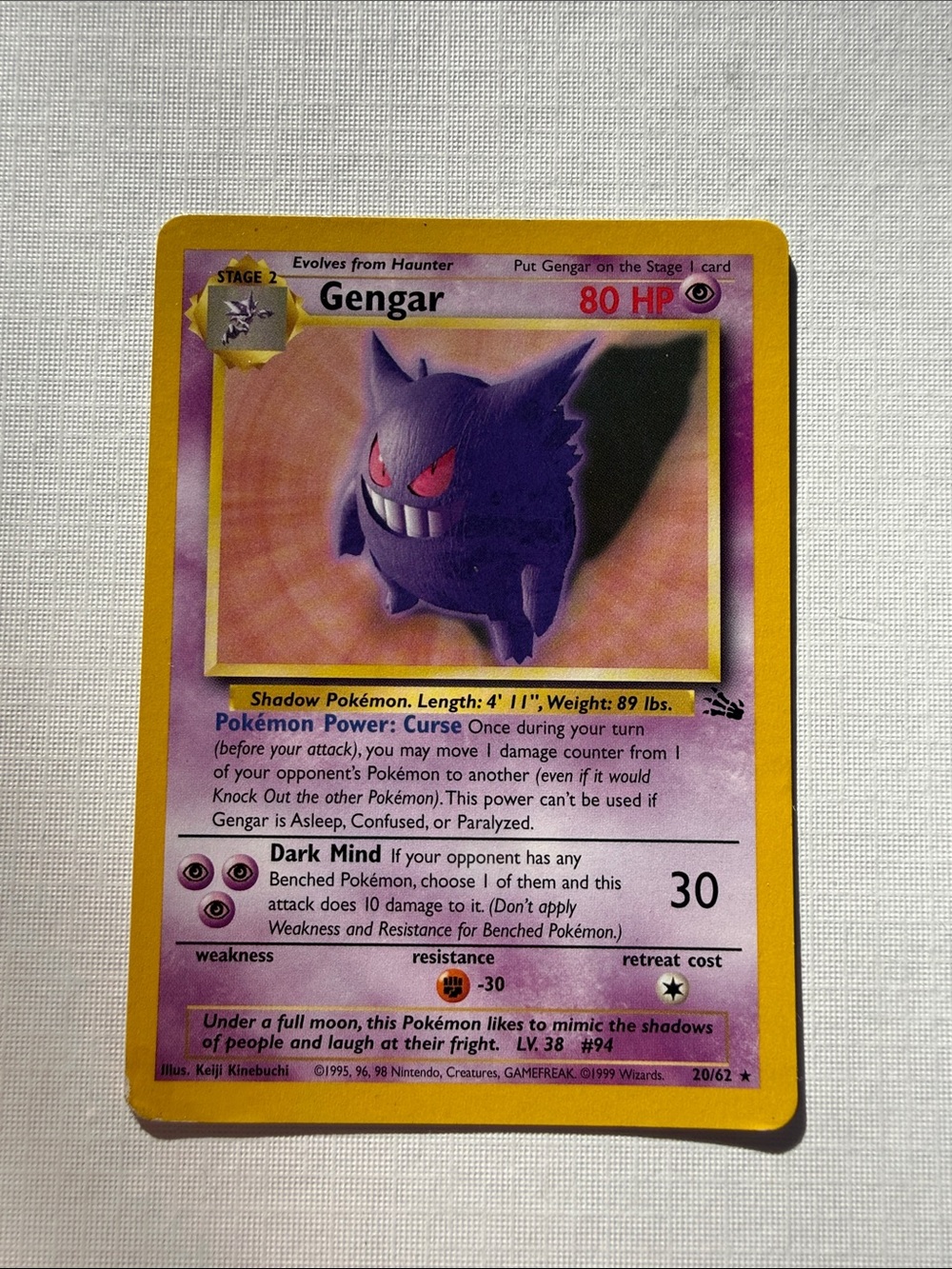 1999 Pokémon Fossil Gengar #20/62 Rare Non-Holo Vintage WOTC